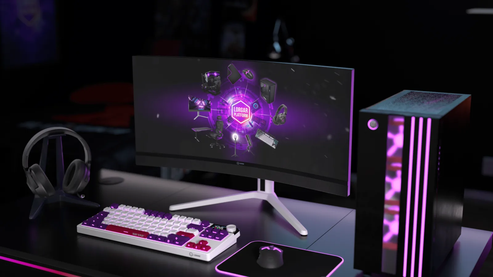 A LORGAR desk setup: curved monitor showing the LORGAR PLATFORM, mechanical keyboard, mouse, headset and a PC lit in purple.